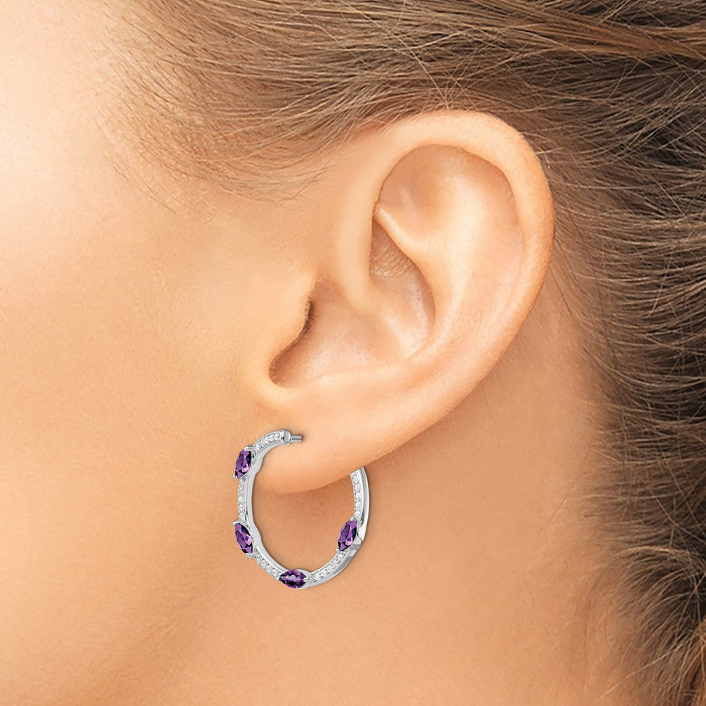 Solid 14k White Gold Simulated Amethyst and CZ Hoop Earrings