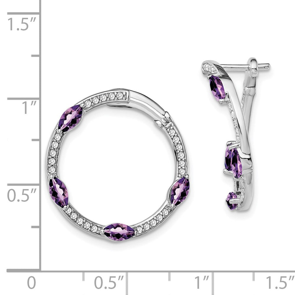 Solid 14k White Gold Simulated Amethyst and CZ Hoop Earrings