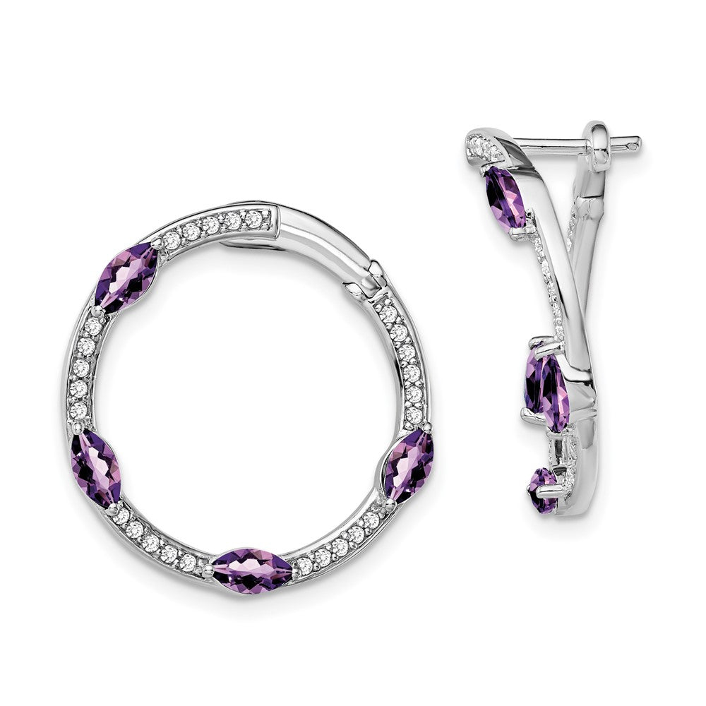 Solid 14k White Gold Simulated Amethyst and CZ Hoop Earrings