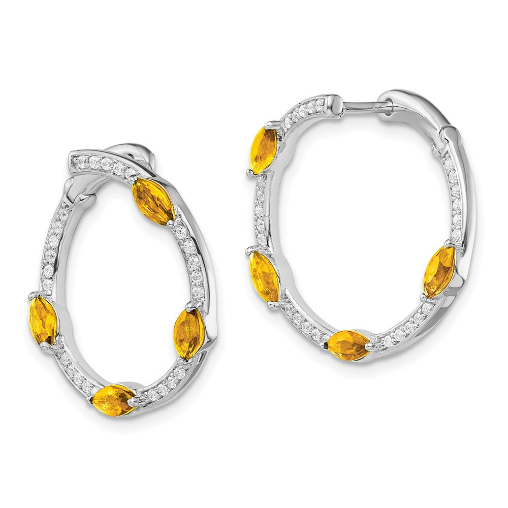 Solid 14k White Gold Simulated Citrine and CZ Hoop Earrings