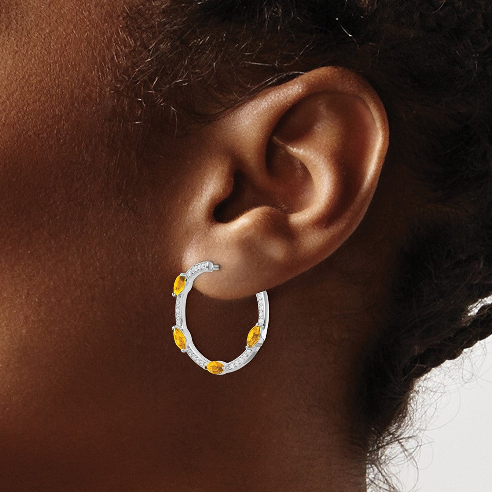 Solid 14k White Gold Simulated Citrine and CZ Hoop Earrings