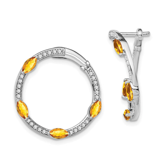 Solid 14k White Gold Simulated Citrine and CZ Hoop Earrings