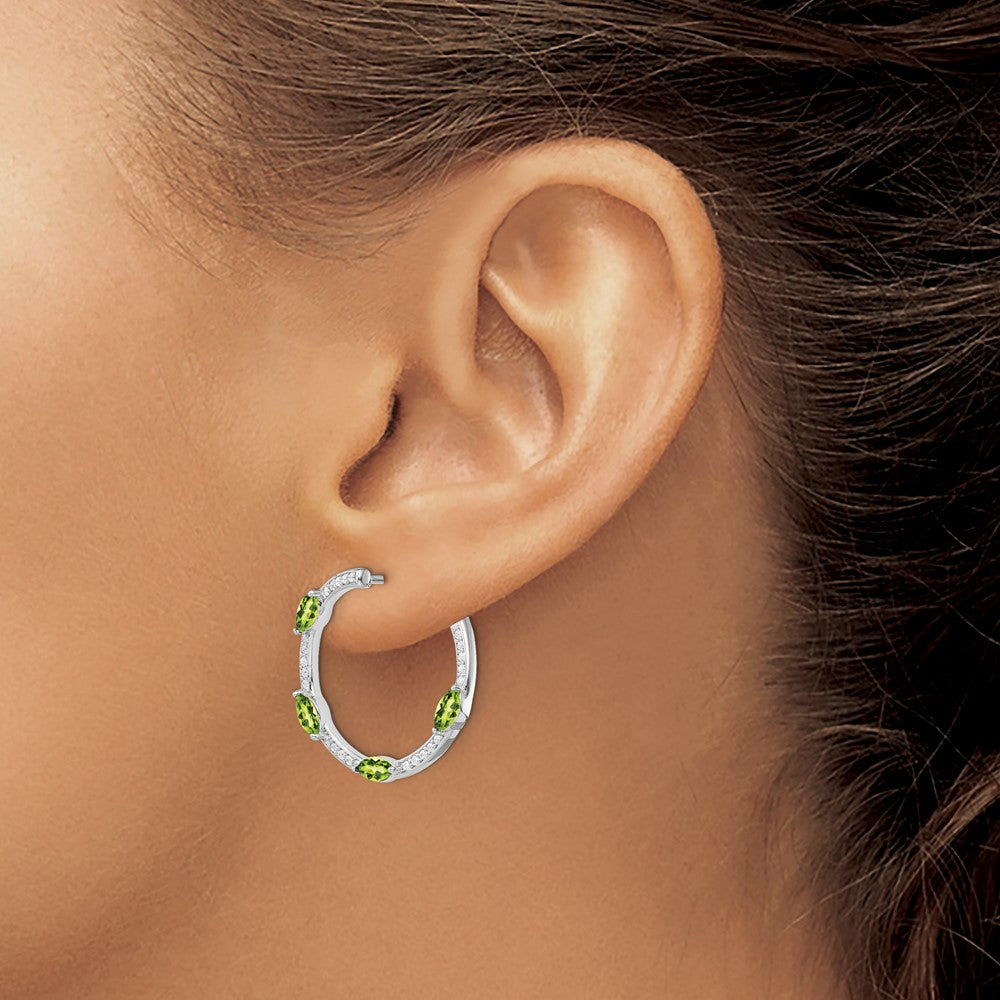 Solid 14k White Gold Simulated Peridot and CZ Hoop Earrings