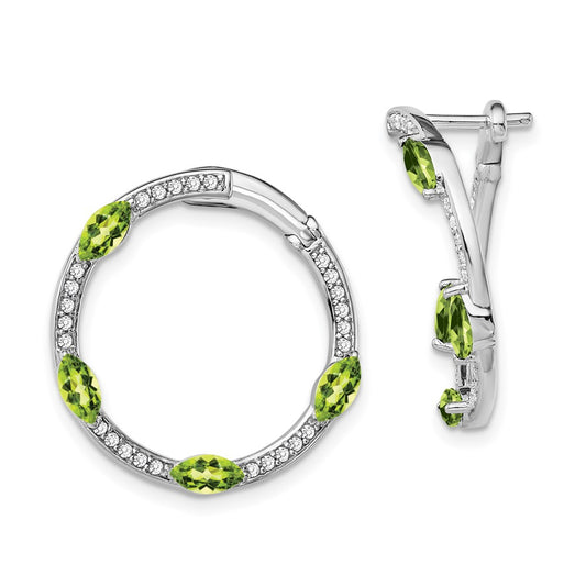 Solid 14k White Gold Simulated Peridot and CZ Hoop Earrings