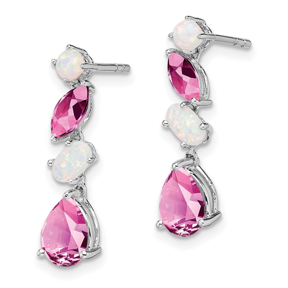 14k White Gold Created Pink Sapphire and Opal Dangle Earrings