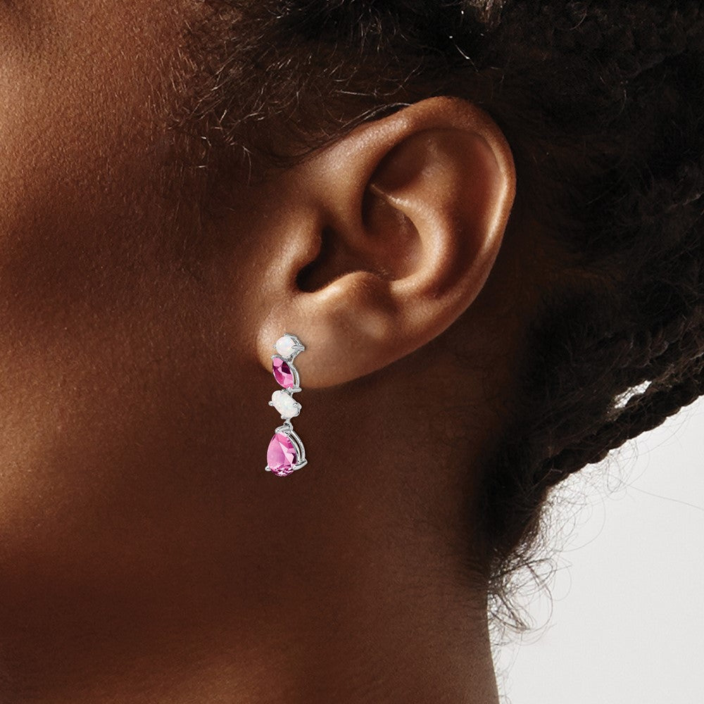 14k White Gold Created Pink Sapphire and Opal Dangle Earrings