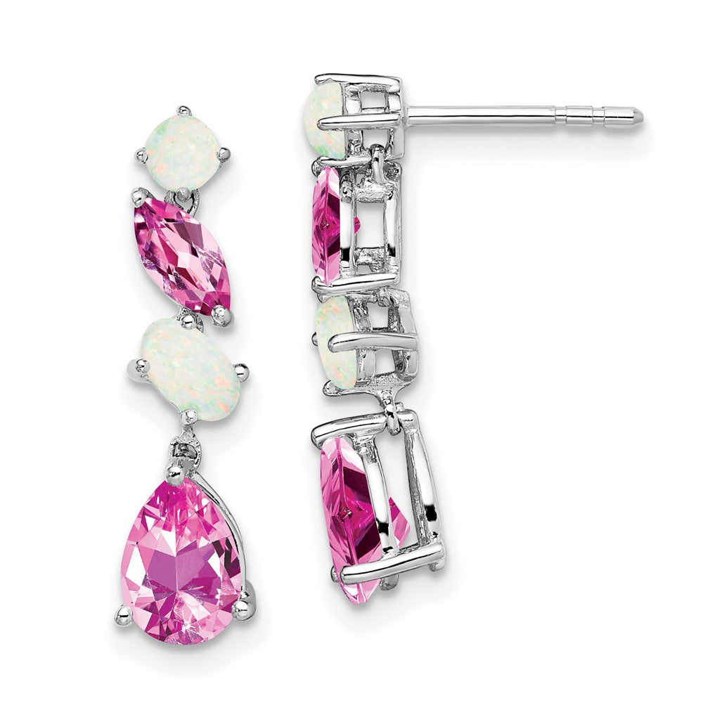 Solid 14k White Gold Created PinK Simulated Sapphire and Opal Dangle Earrings