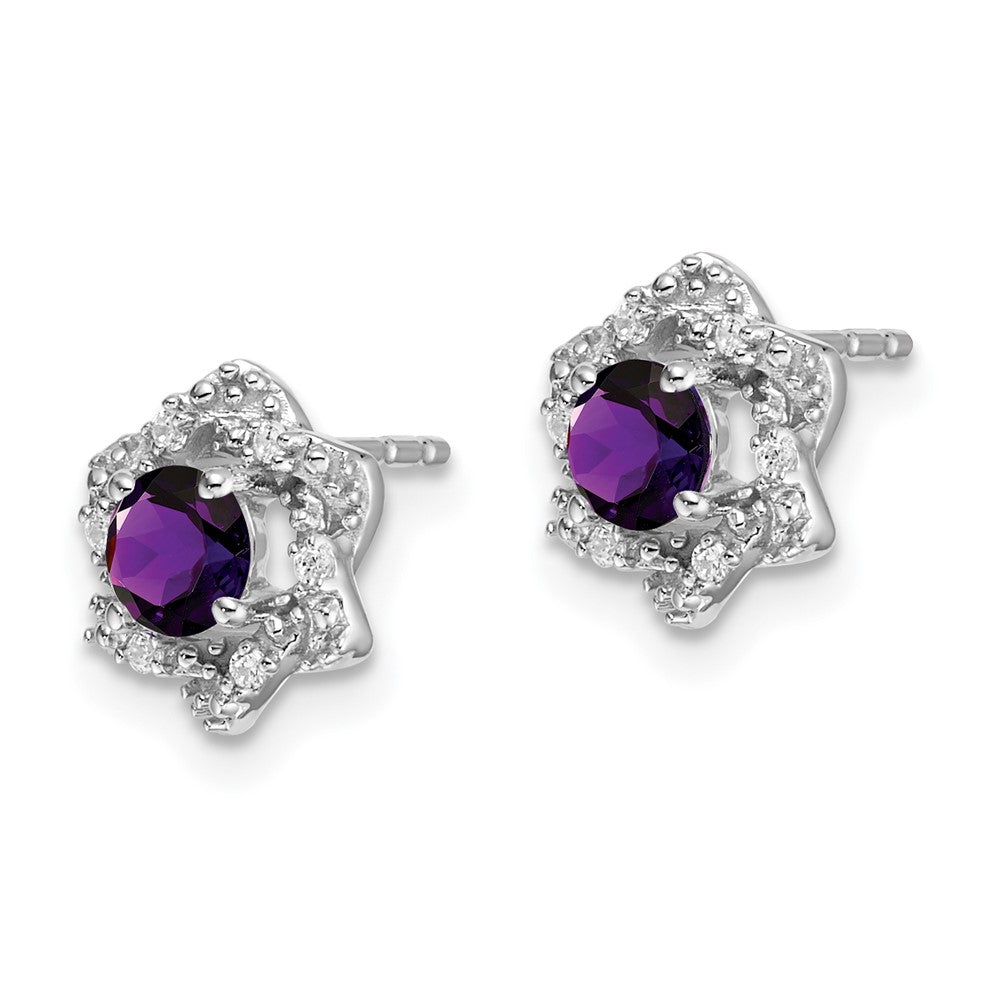 Solid 14k White Gold Simulated Amethyst and CZ Post Earrings