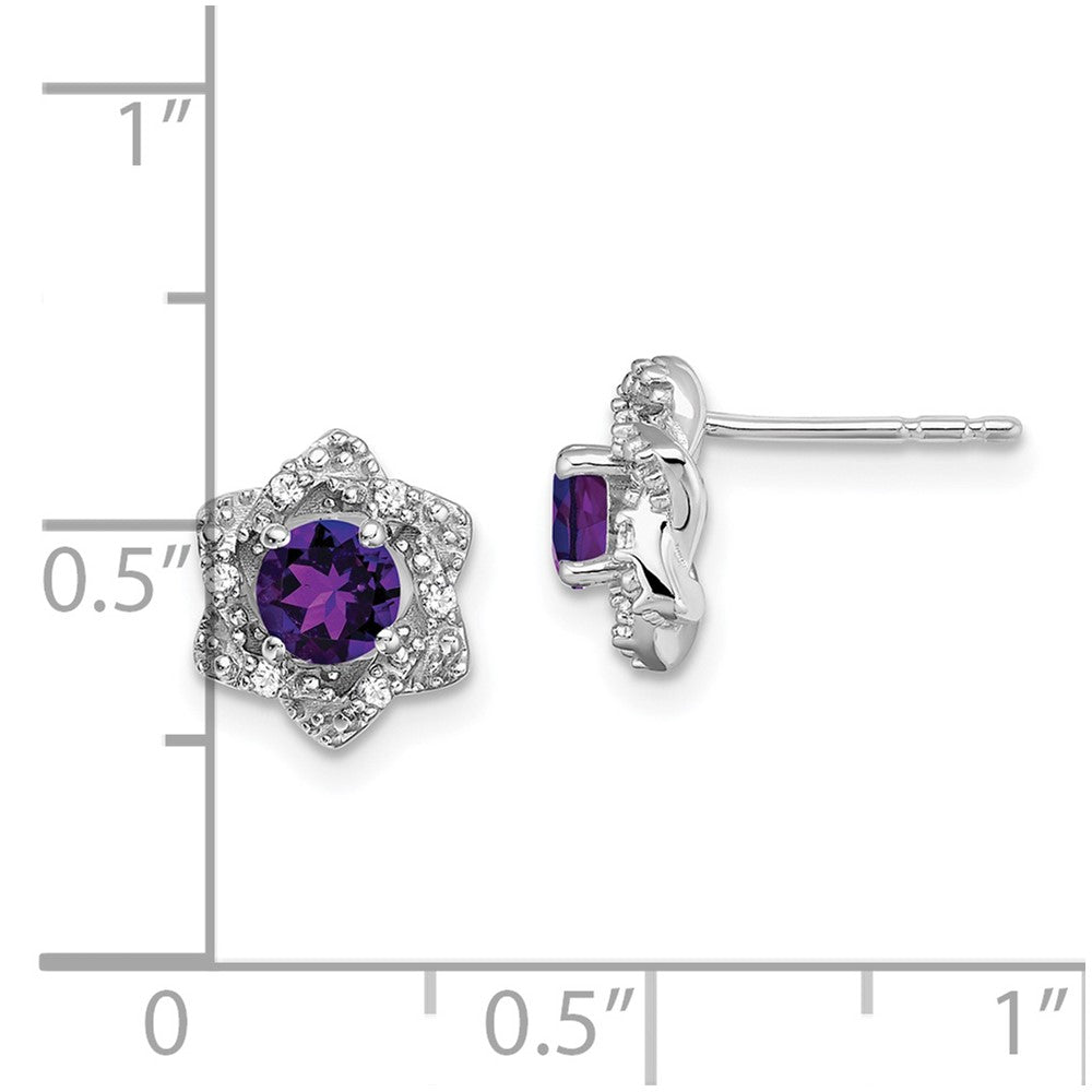 Solid 14k White Gold Simulated Amethyst and CZ Post Earrings