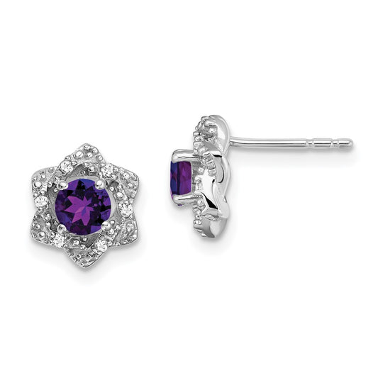 Solid 14k White Gold Simulated Amethyst and CZ Post Earrings