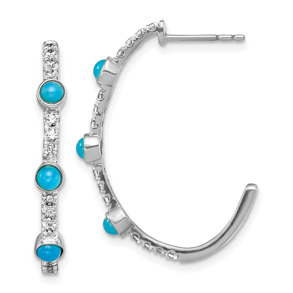 Solid 14k White Gold Simulated Turquoise and Topaz J-hoop Earrings