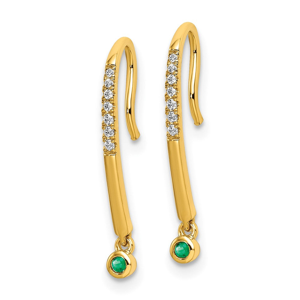 14k Yellow Gold Polished Real Diamond and Emerald Drop Wire Earrings