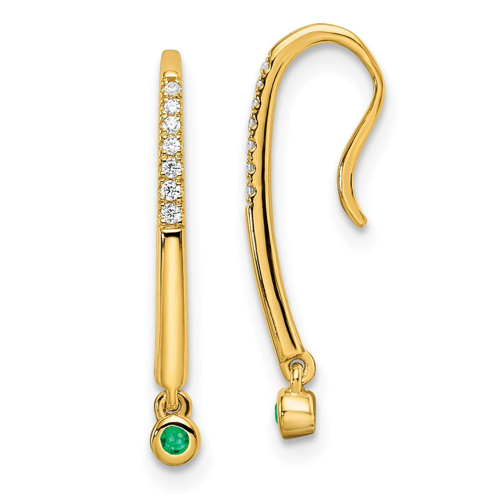 14k Yellow Gold Polished Real Diamond and Emerald Drop Wire Earrings