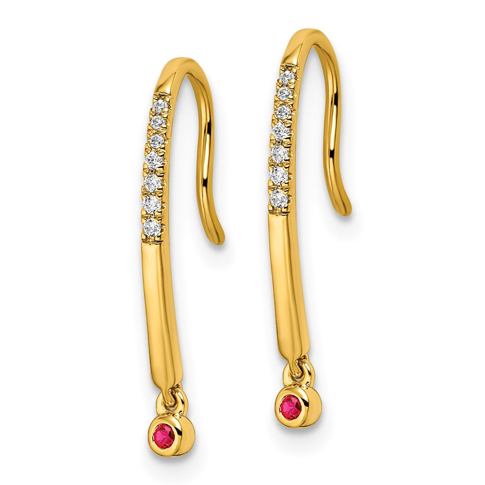 14k Yellow Gold Polished Real Diamond and Ruby Drop Wire Earrings