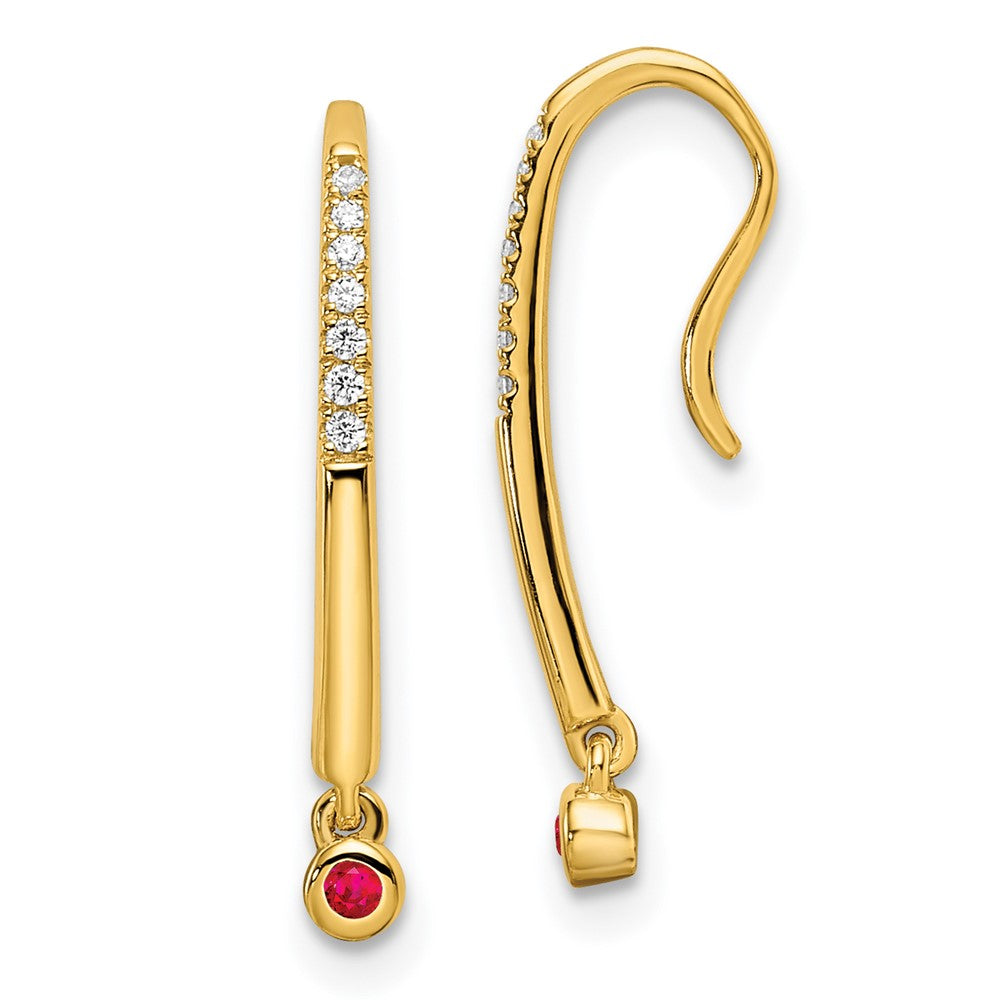 14k Yellow Gold Polished Real Diamond and Ruby Drop Wire Earrings