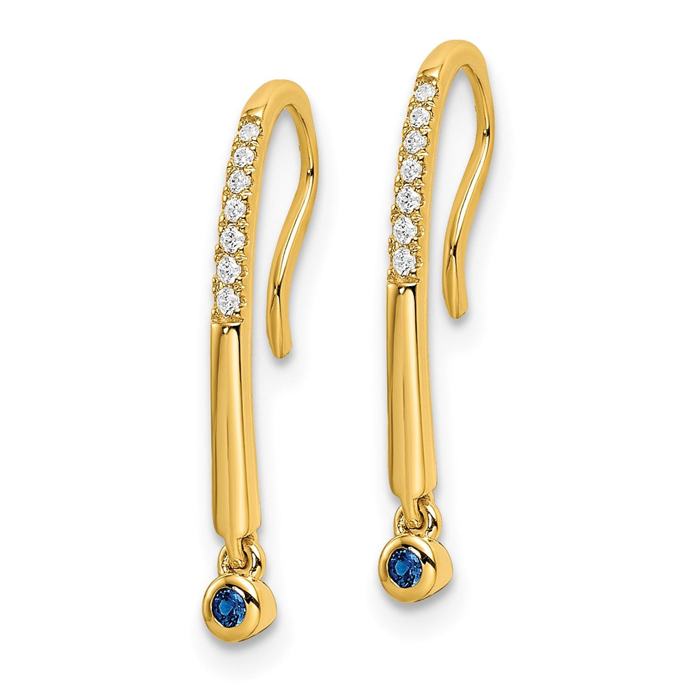 14k Yellow Gold Polished Real Diamond and Sapphire Drop Wire Earrings