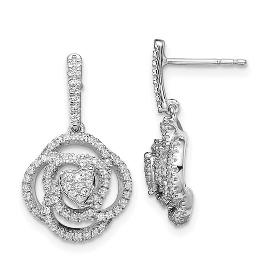 14k White Gold Floral Real Diamond Dangle Post Earrings