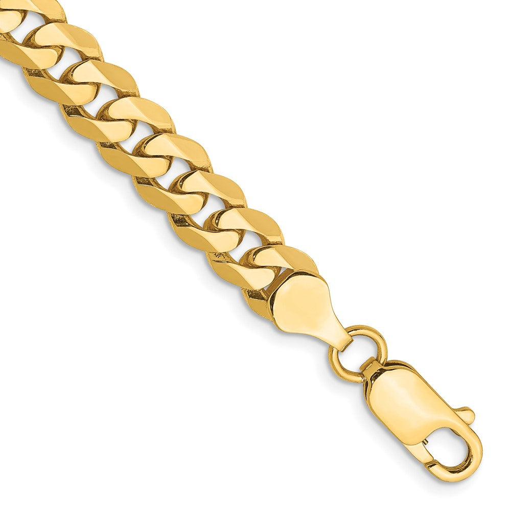 Solid 14K Yellow Gold 9 inch 7.25mm Flat Beveled Curb with Lobster Clasp Chain Bracelet