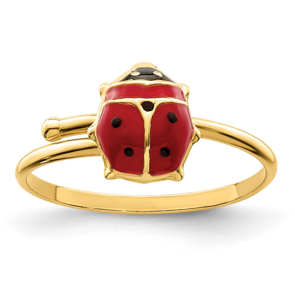 14K Yellow Gold Polished Enameled Ladybug Adjustable Ring