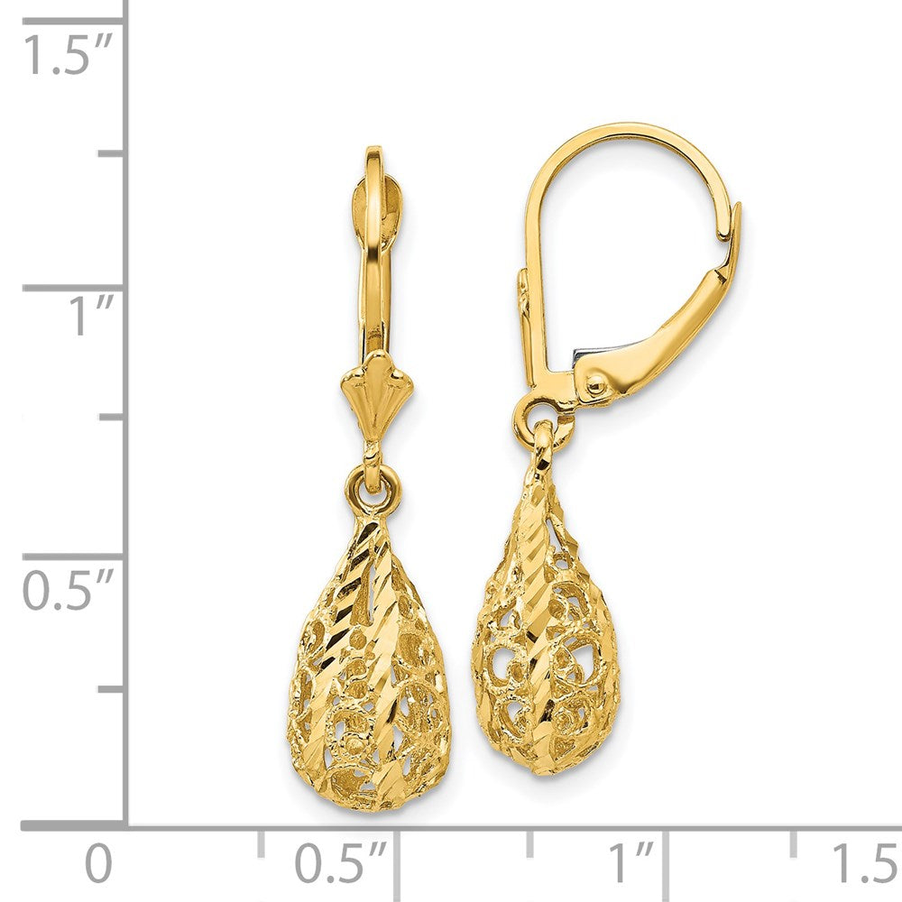 14k Yellow Gold Polished Diamond-Cut Filigree Dangle Leverback Earrings