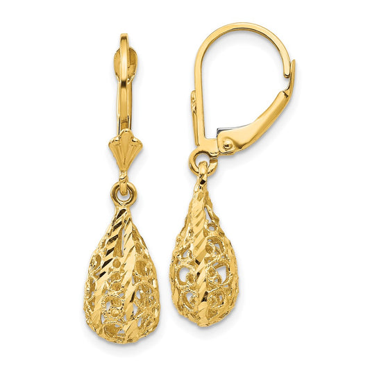 14k Yellow Gold Polished Diamond-Cut Filigree Dangle Leverback Earrings