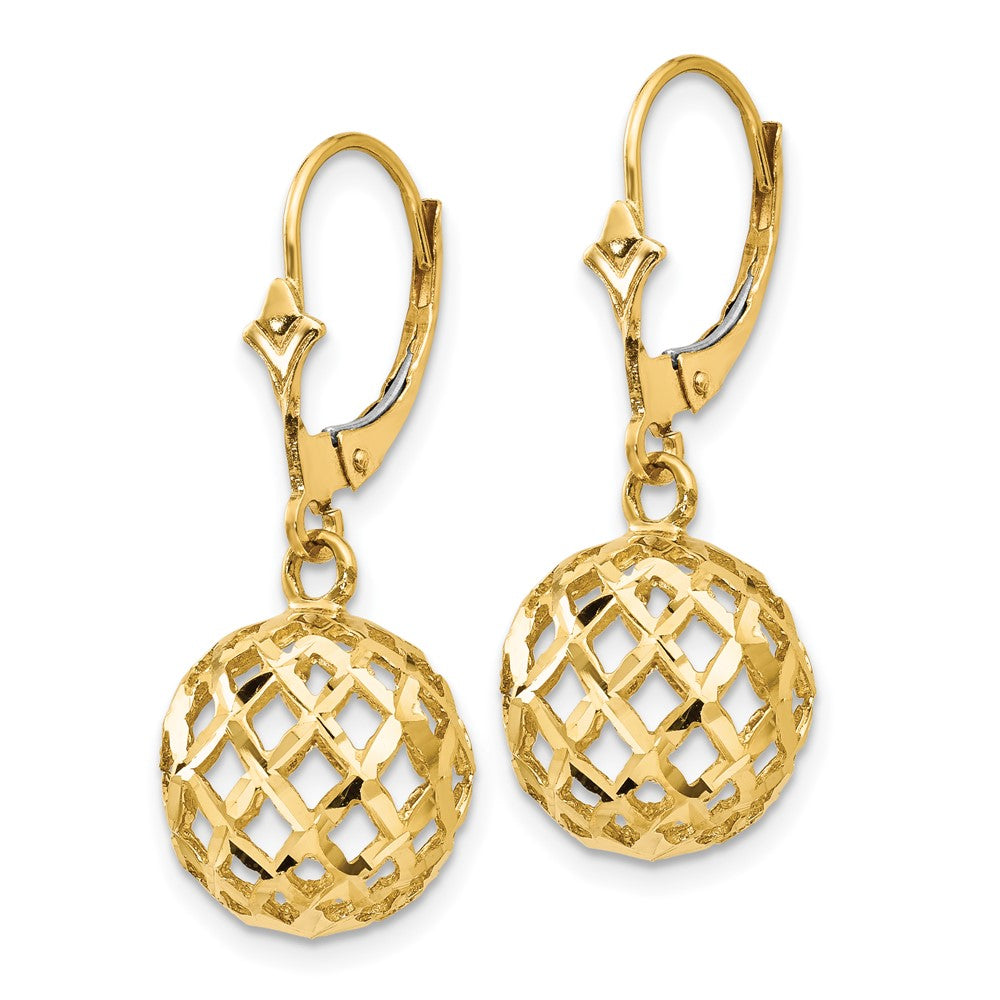 14k Yellow Gold Polished & Diamond-Cut Mesh Ball Dangle Leverback Earrings