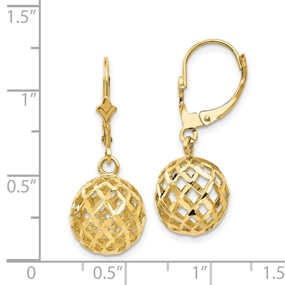 14k Yellow Gold Polished & Diamond-Cut Mesh Ball Dangle Leverback Earrings