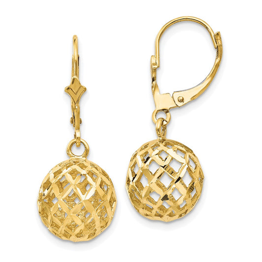 14k Yellow Gold Polished & Diamond-Cut Mesh Ball Dangle Leverback Earrings