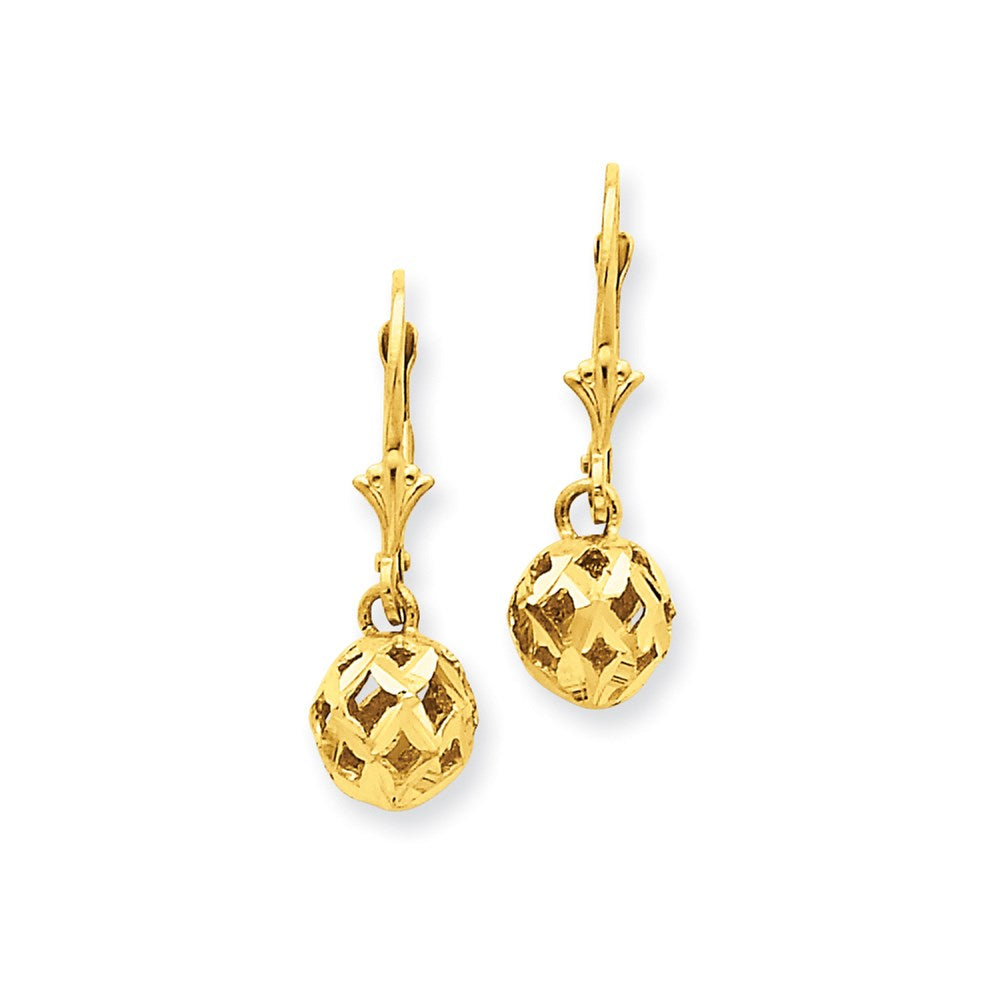 14k Yellow Gold Diamond-cut Filigree Ball Leverback Earrings