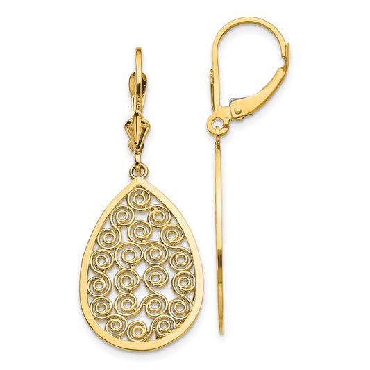 14k Yellow Gold Teardrop Filigree Dangle Leverback Earrings