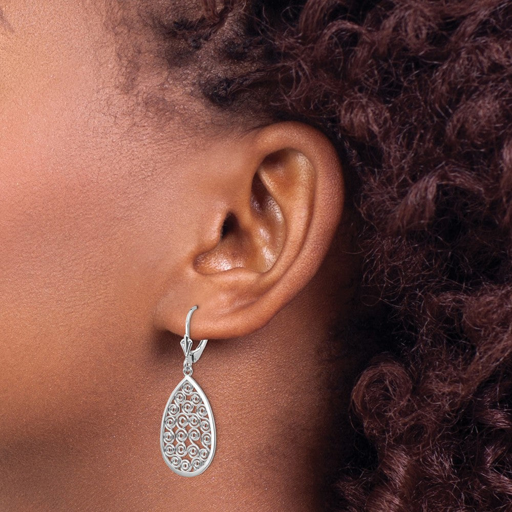 14k White Gold Teardrop Filigree Dangle Leverback Earrings