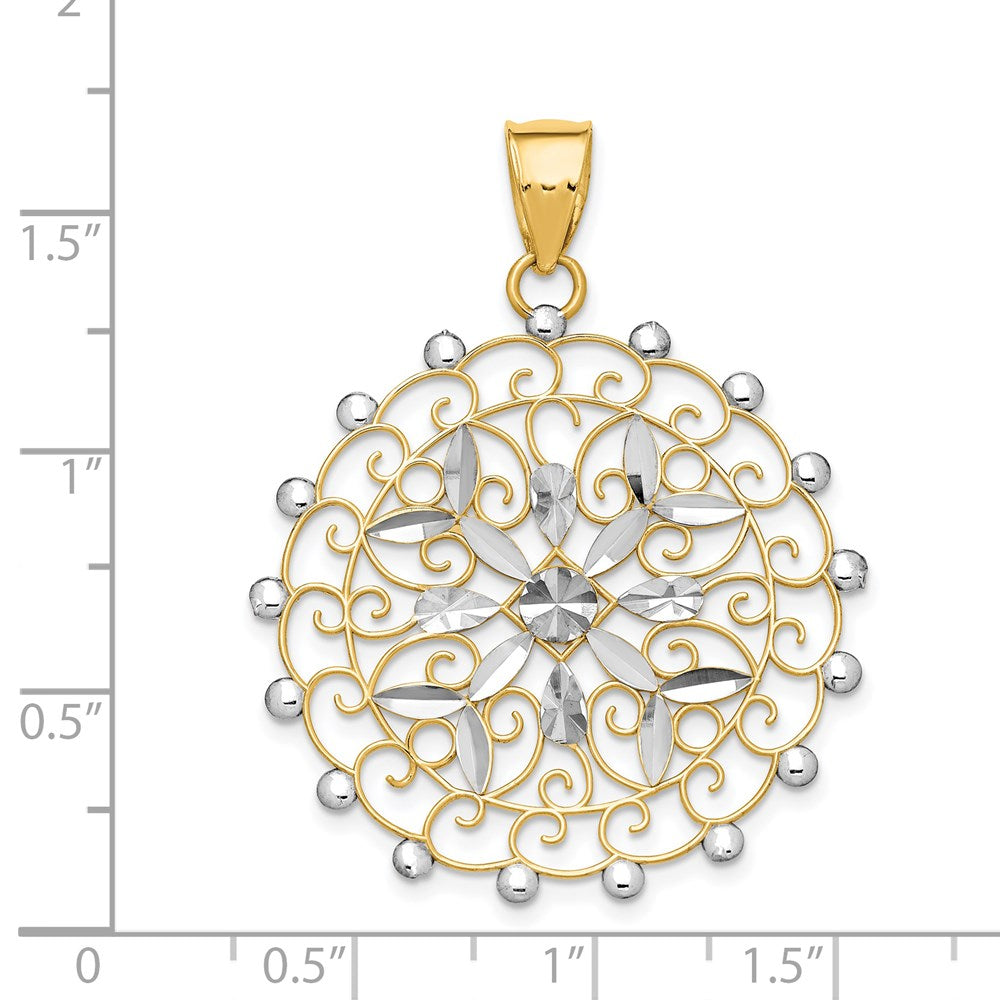 14k Yellow & Rhodium Gold White Rhodium Diamond-cut Filigree Pendant