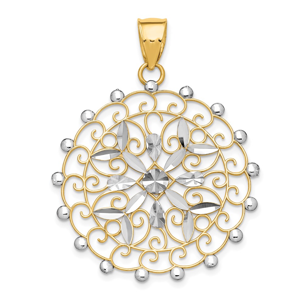 14k Yellow & Rhodium Gold White Rhodium Diamond-cut Filigree Pendant