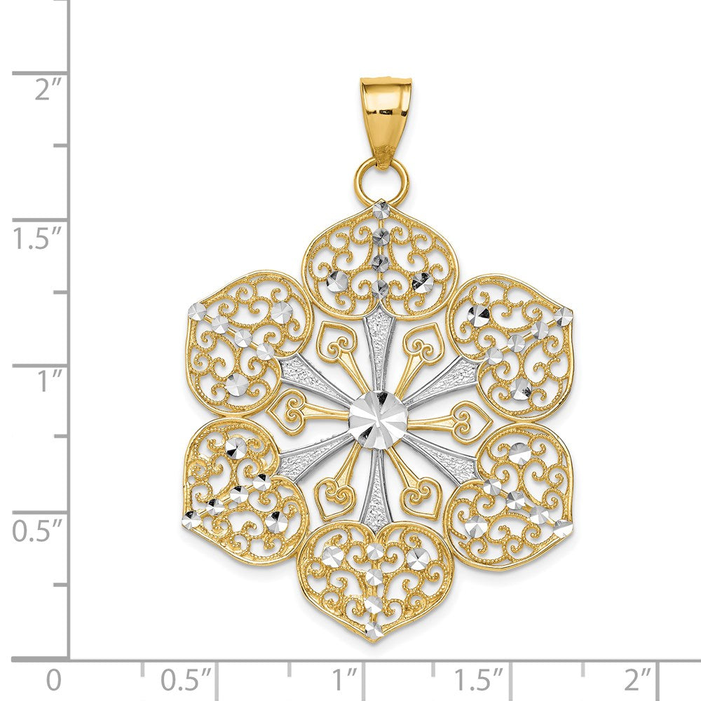 14k Yellow Gold Rhodium Diamond Cut Filigree Pendant