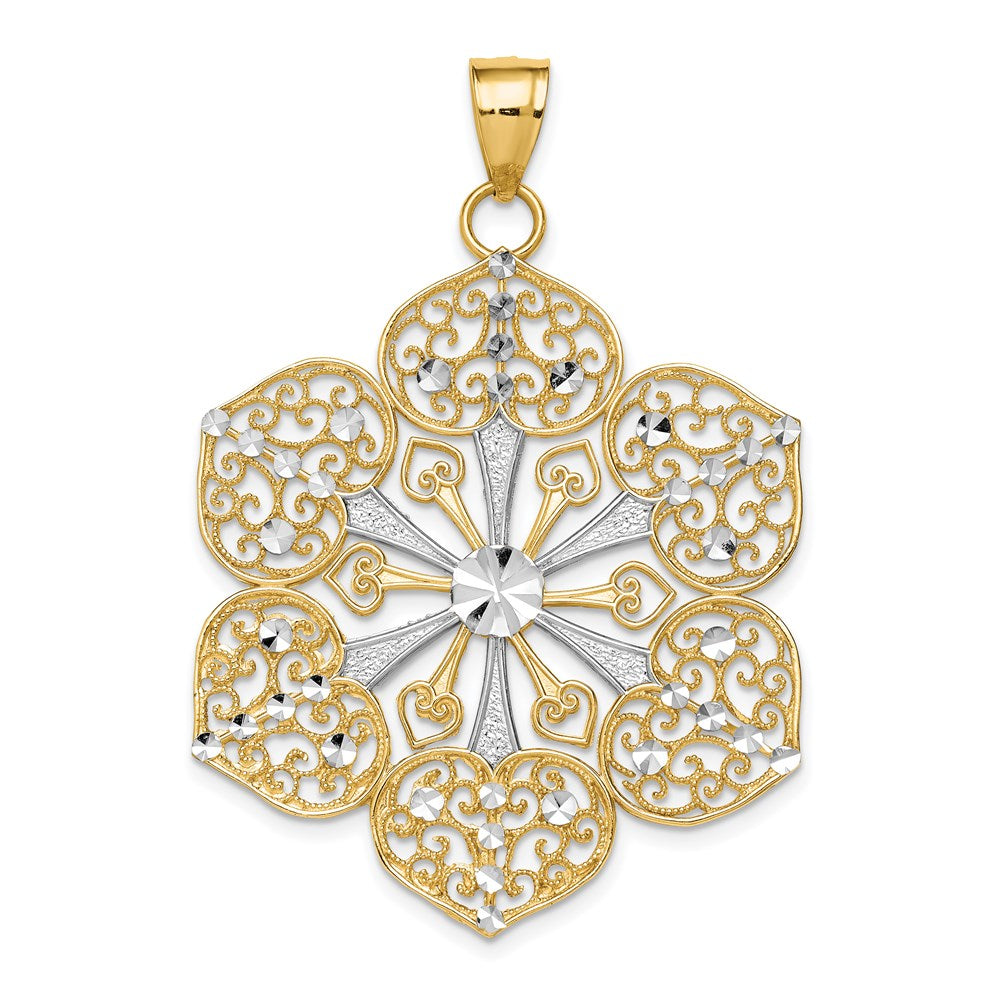 14k Yellow Gold Rhodium Diamond Cut Filigree Pendant