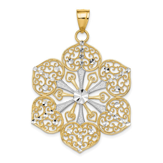 14k Yellow Gold Rhodium Diamond Cut Filigree Pendant