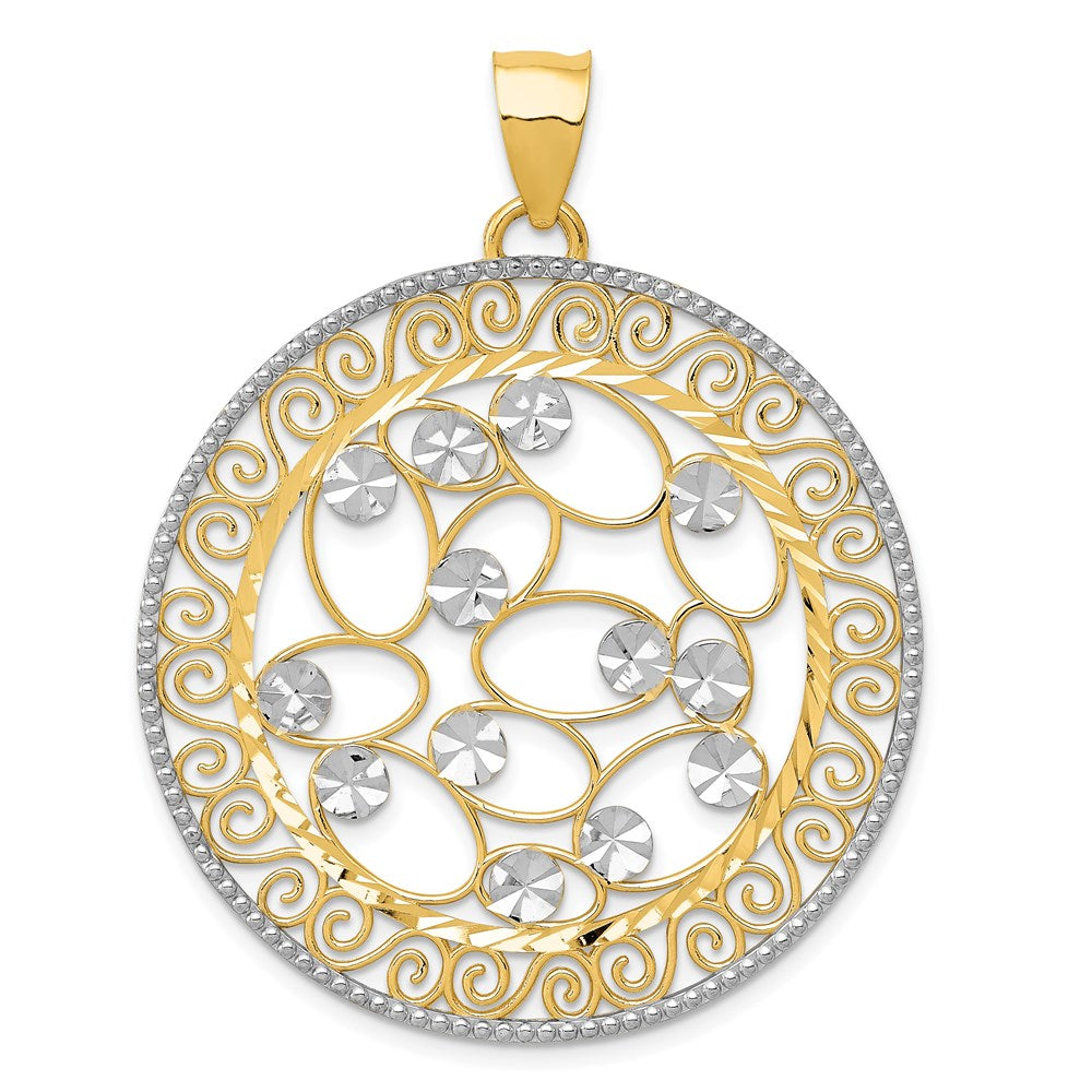 14k Yellow & Rhodium Gold White Rhodium Diamond-cut Filigree Pendant