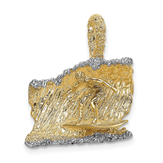 14k Yellow & Rhodium Gold & Rhodium 3-D Surfer In Wave Charm