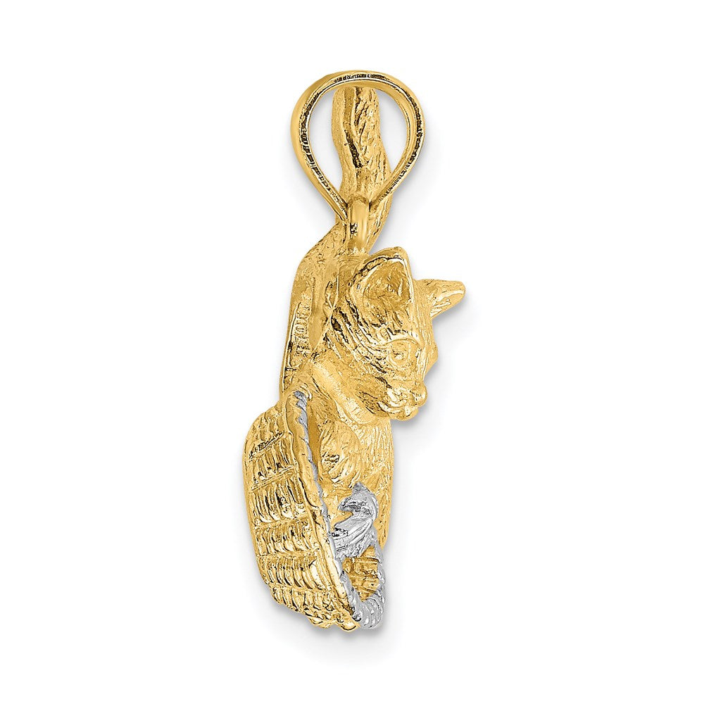 14k Yellow & Rhodium Gold Rhodium Cat Playing with Yarn in Basket Charm