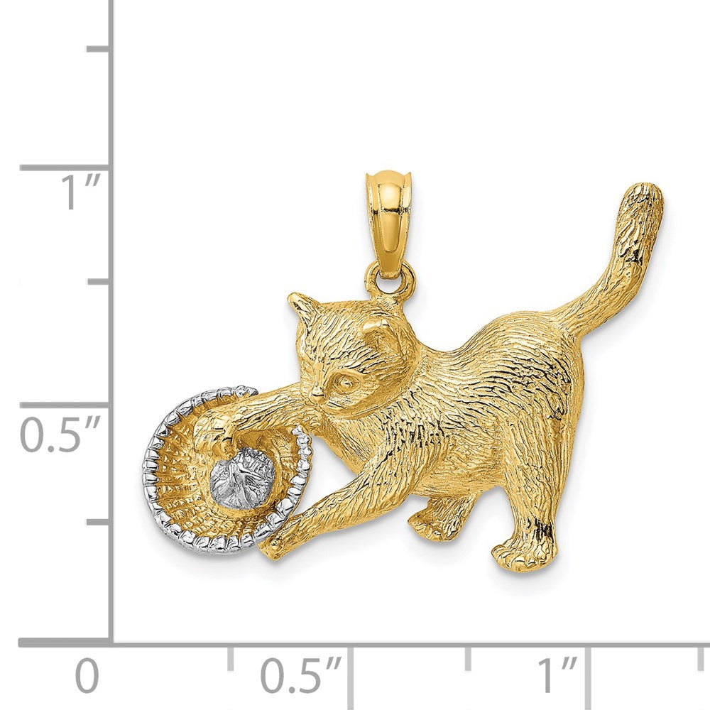 14k Yellow & Rhodium Gold Rhodium Cat Playing with Yarn in Basket Charm