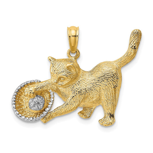 14k Yellow & Rhodium Gold Rhodium Cat Playing with Yarn in Basket Charm