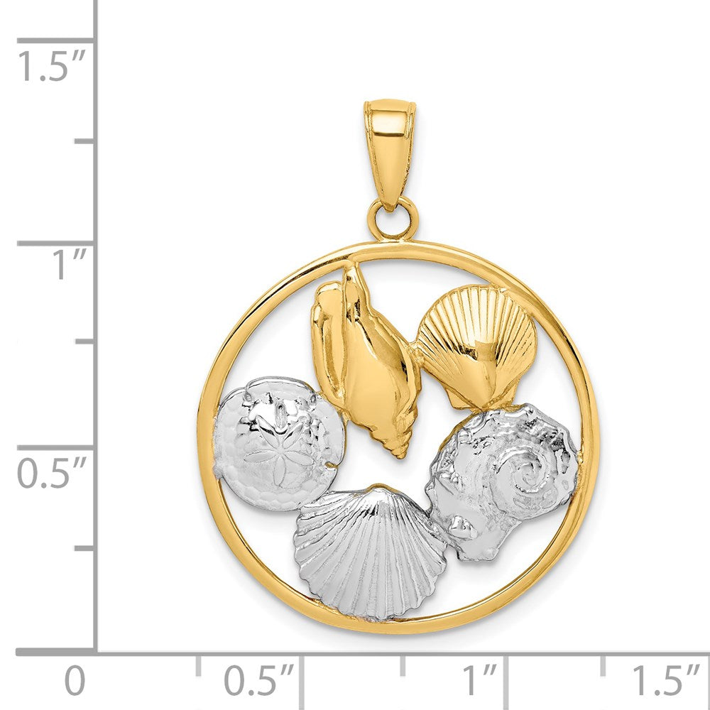 14k Yellow & Rhodium Gold w/Rhodium Shell Cluster in Circle Pendant