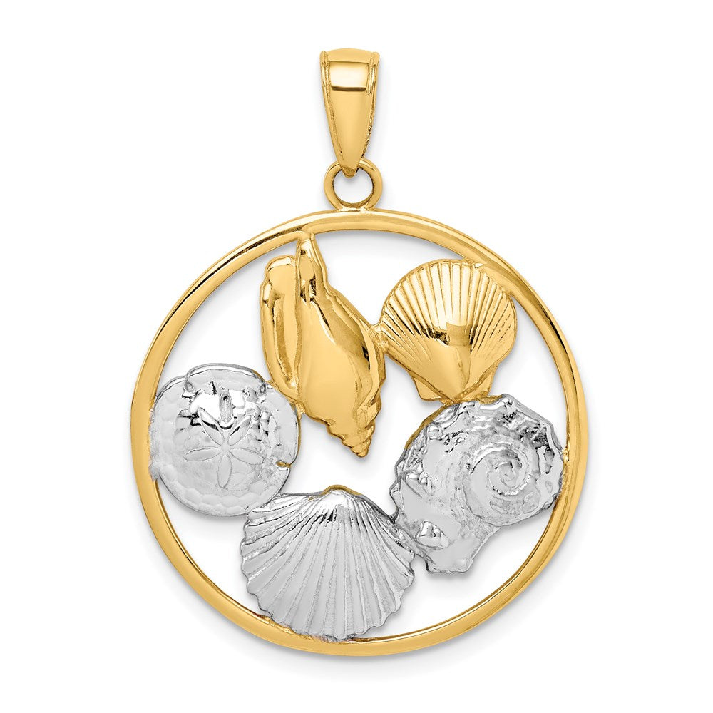 14k Yellow & Rhodium Gold w/Rhodium Shell Cluster in Circle Pendant