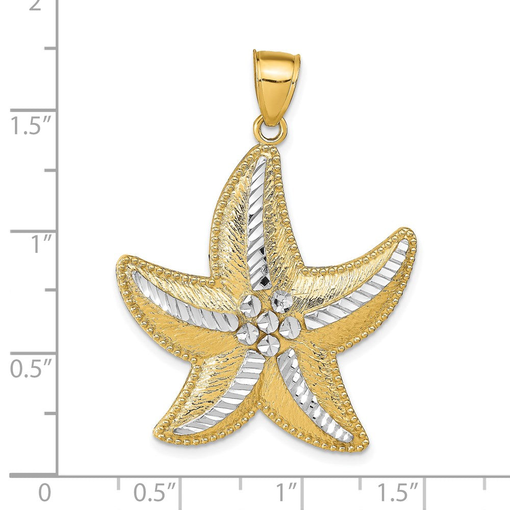 14k Yellow & Rhodium Gold and Rhodium Diamond-Cut Textured Starfish Pendant