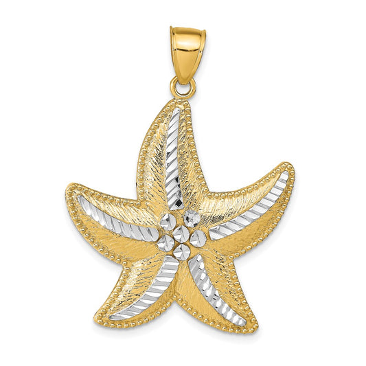 14k Yellow & Rhodium Gold and Rhodium Diamond-Cut Textured Starfish Pendant