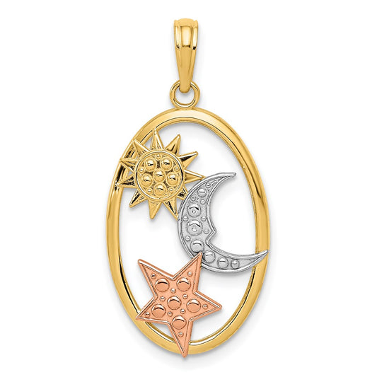 14k Two-tone Gold w/White Rhodium Sun Moon and Star Oval Pendant