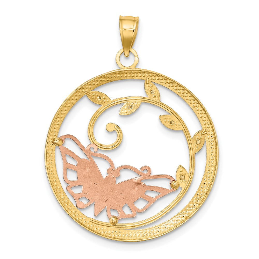 14k Two-tone Gold w/White Rhodium Butterfly in Circle Pendant