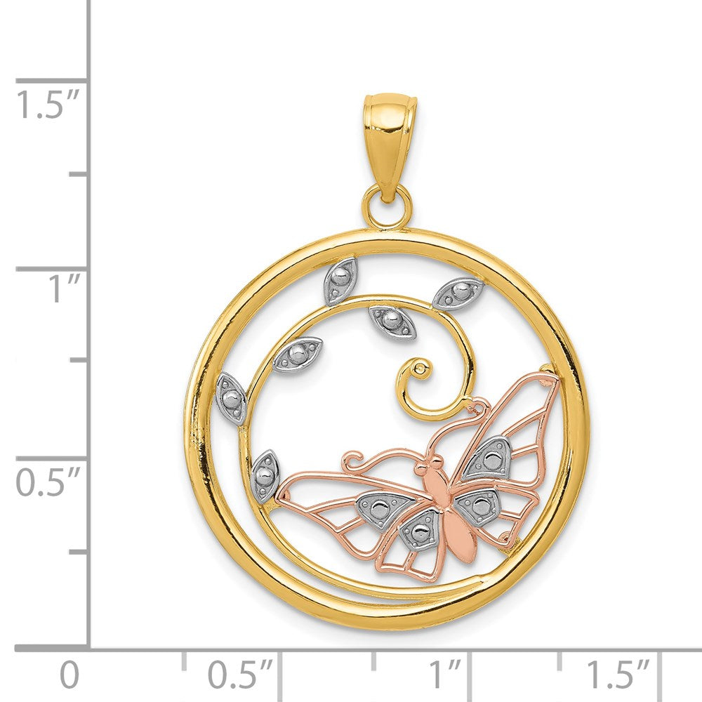 14k Two-tone Gold w/White Rhodium Butterfly in Circle Pendant