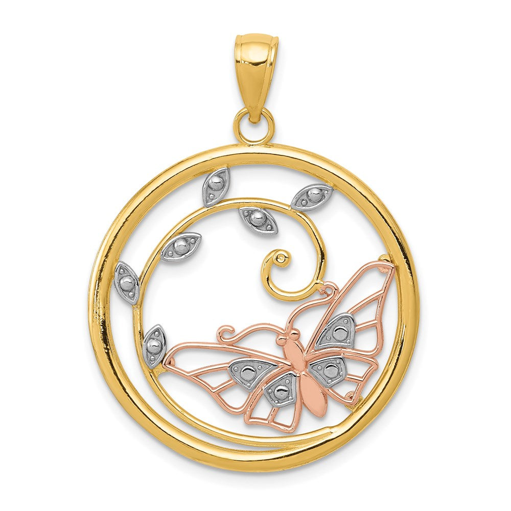 14k Two-tone Gold w/White Rhodium Butterfly in Circle Pendant