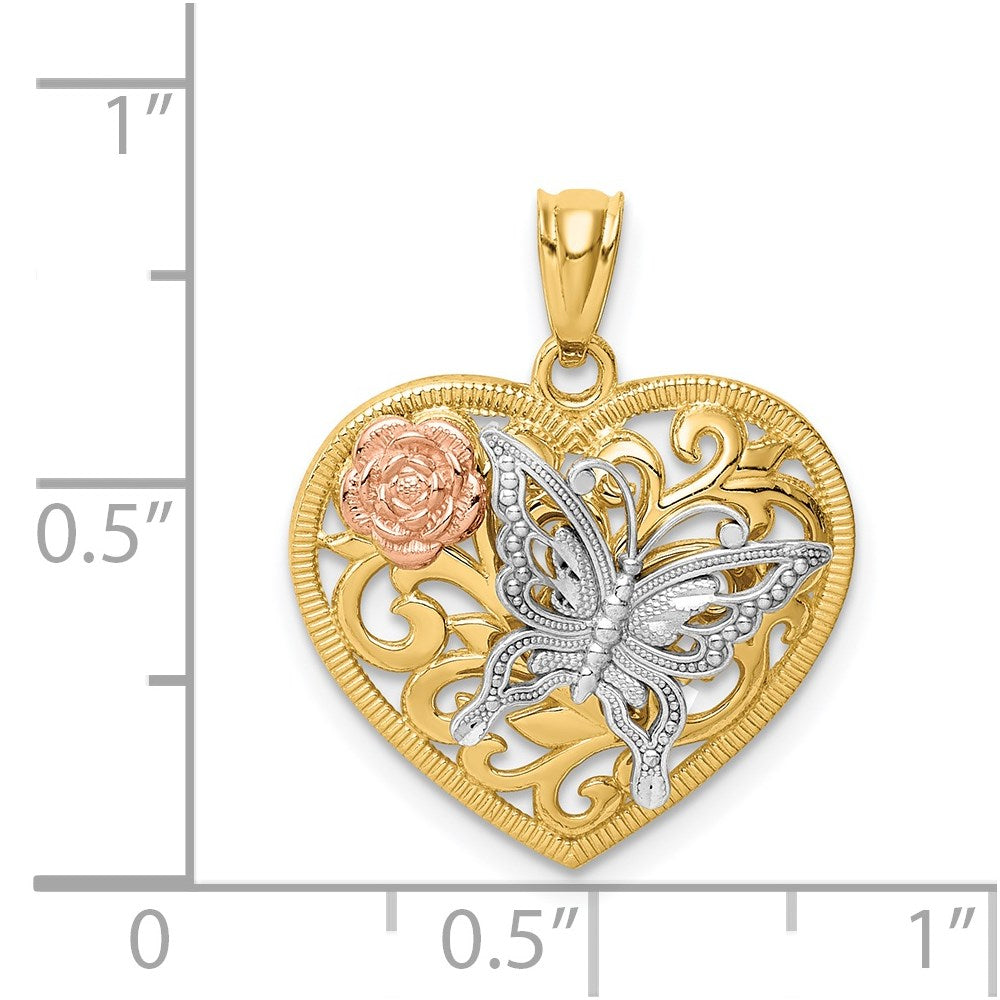 14k Tri-Color Gold Butterfly Heart Pendant